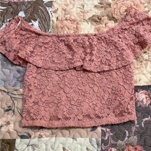 Ambiance Dusty Rose Off-Shoulder Lace Crop Top